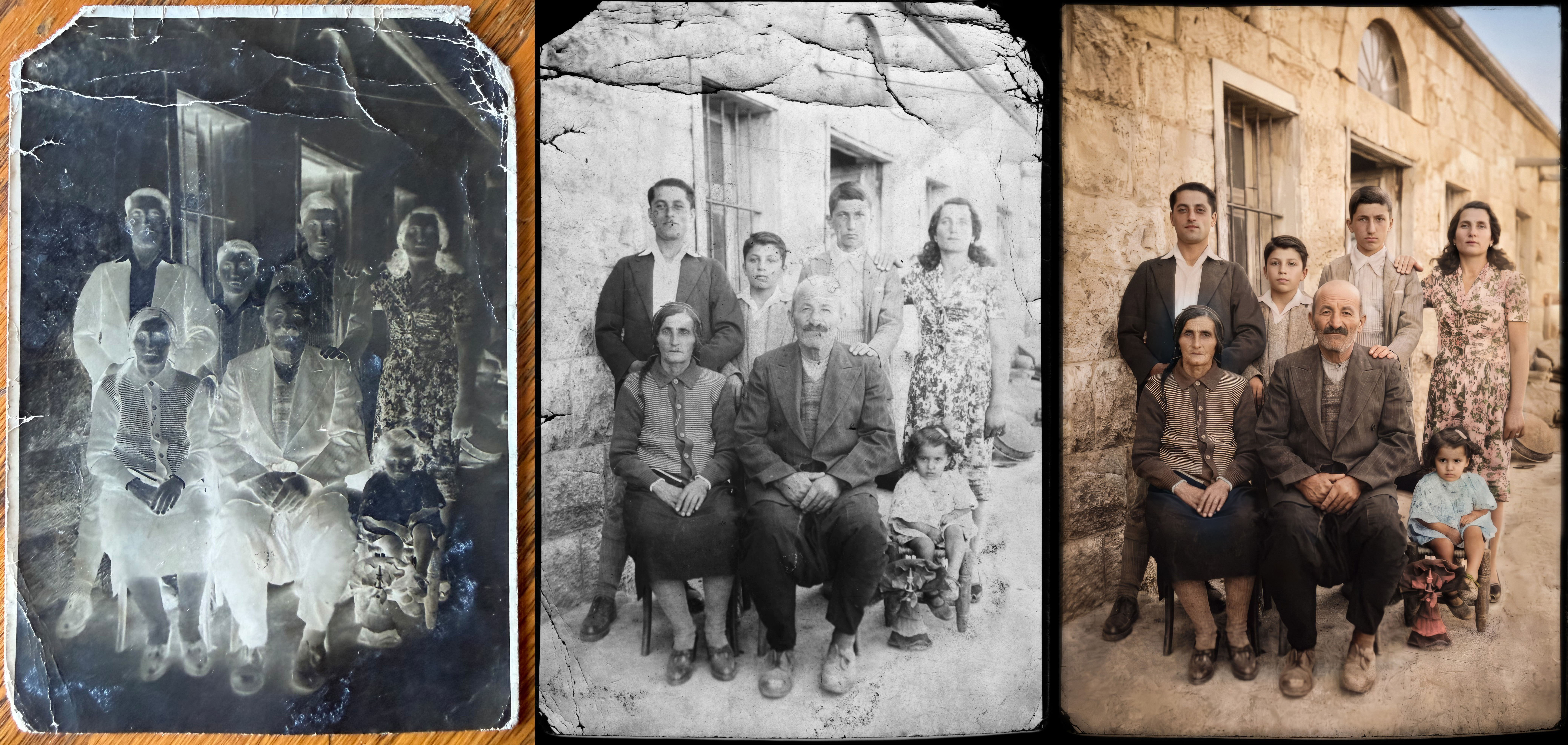 Three instances of one moment, original (left) by unknown photographer circa 1946, restoration dated 2003 and 2026 by Richard Saad